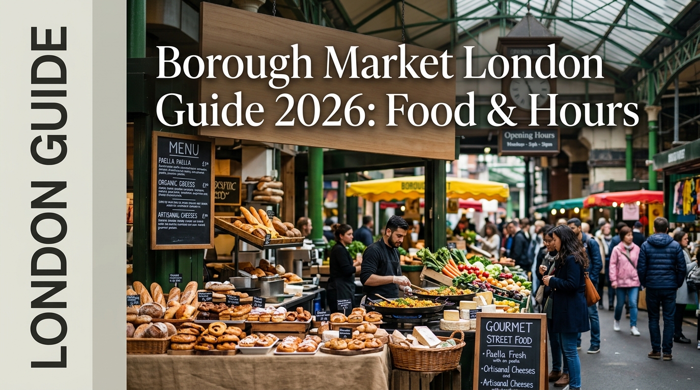 Borough Market London iron-roofed food hall with crowds and stalls