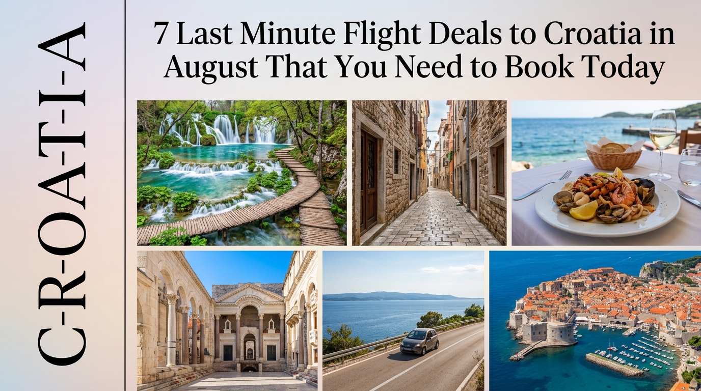 Last minute flight deals to Croatia in August 2026 - infographic showing budget airline options, booking platforms, and discount savings for Dubrovnik and Split flights