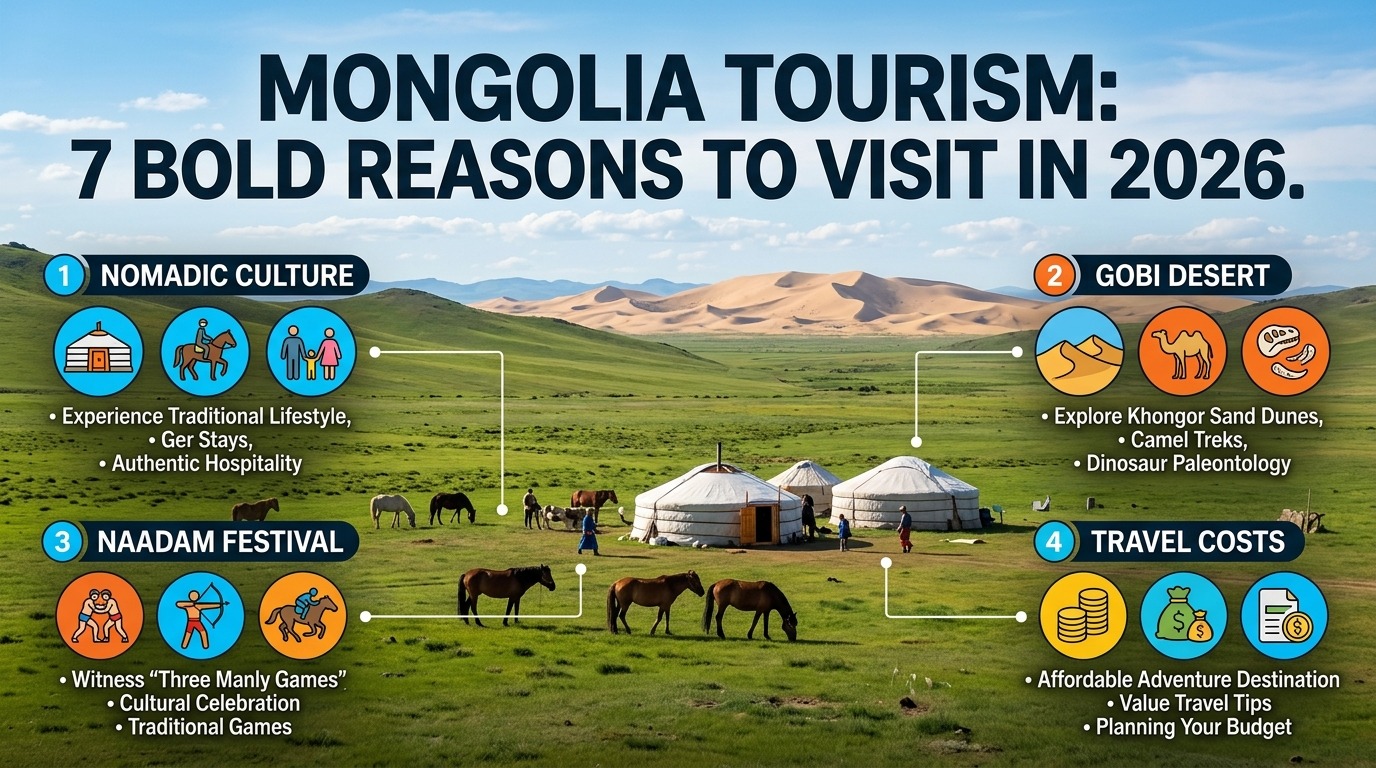 Mongolia tourism guide showing ger camps, grasslands, and the Gobi Desert