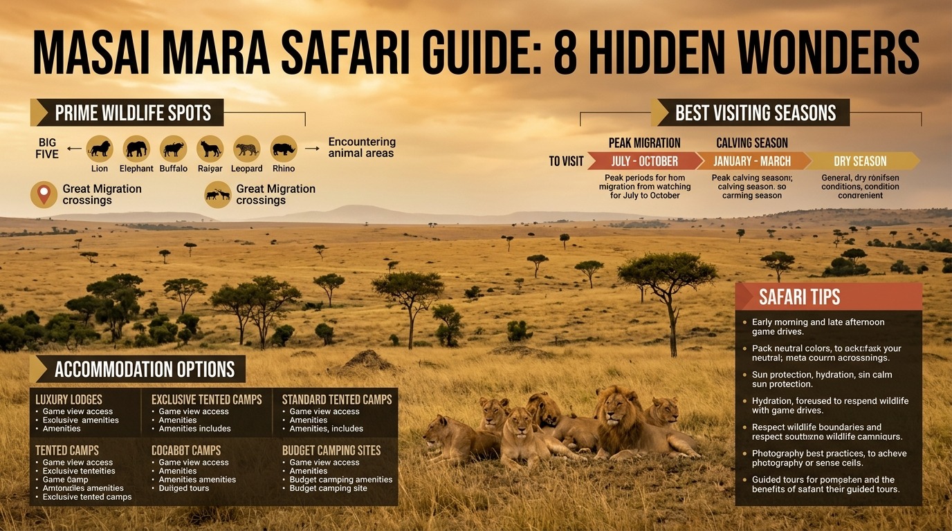 Golden African savanna landscape at Masai Mara with lions resting under acacia trees, featuring infographic sections about wildlife, seasons, accommodations, and safari tips for a complete Masai Mara guide