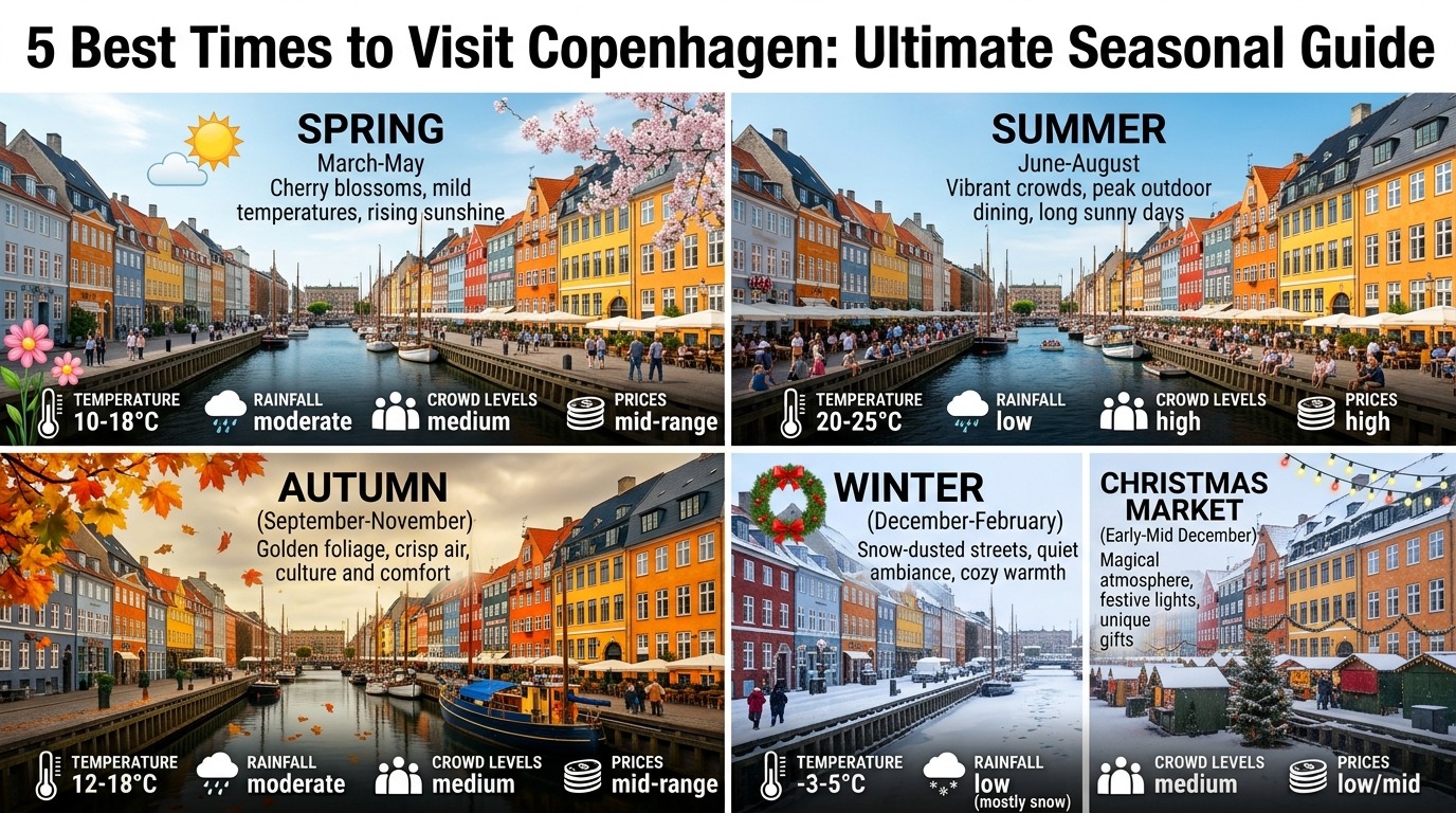 "Seasonal guide showing the best time to visit Copenhagen with visual representations of spring, summer, autumn, and winter seasons, weather conditions, and crowd levels at Nyhavn harbor"