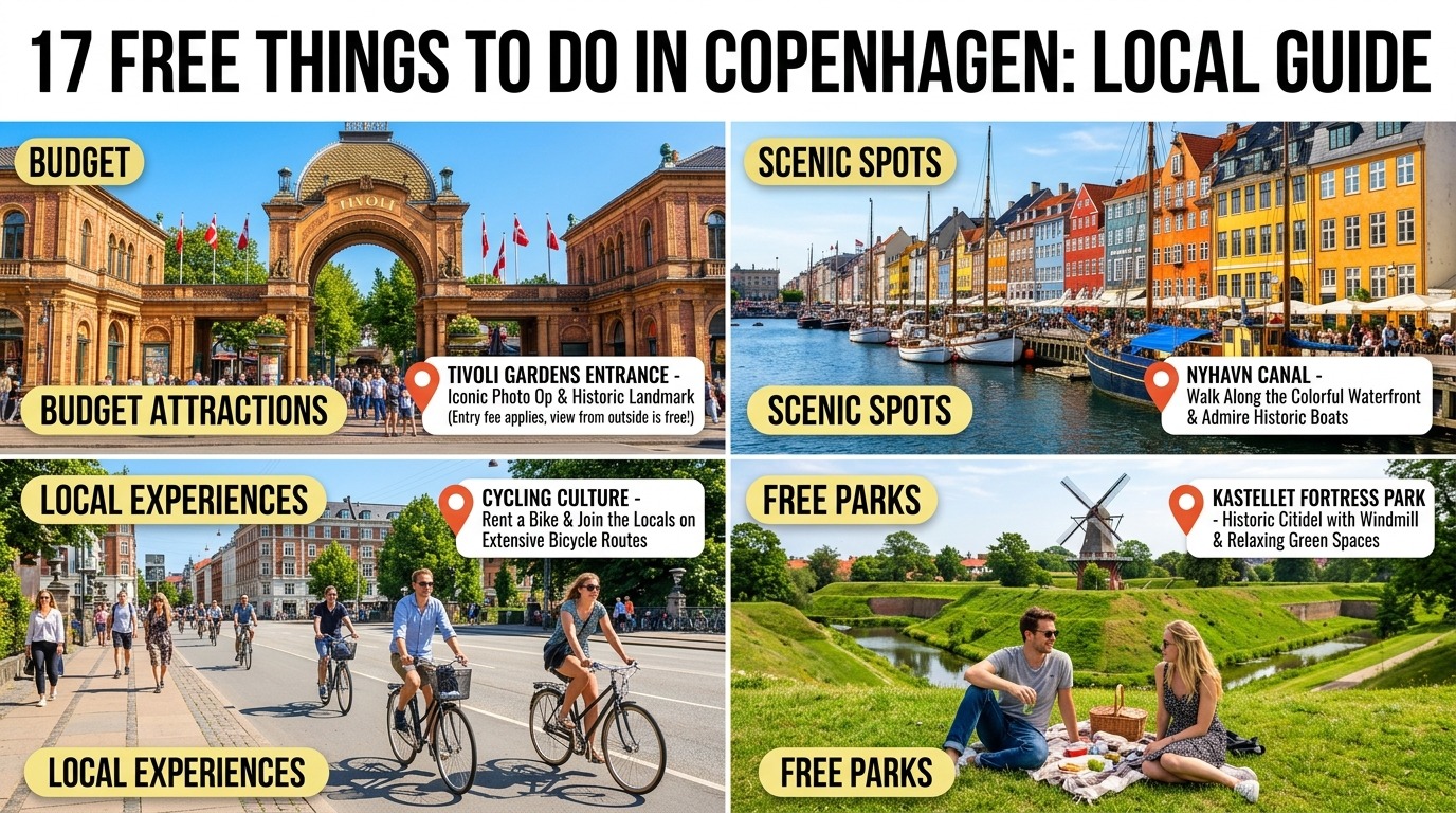 Colorful infographic-style image showcasing 17 free attractions and activities in Copenhagen including parks, museums, and scenic locations with headline text.