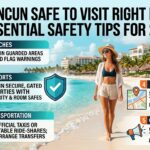 Cancun beach destination with safety tips overlay showing verified shield, travel advisory map, and safety icons for 2026 visitors planning Mexico vacations.