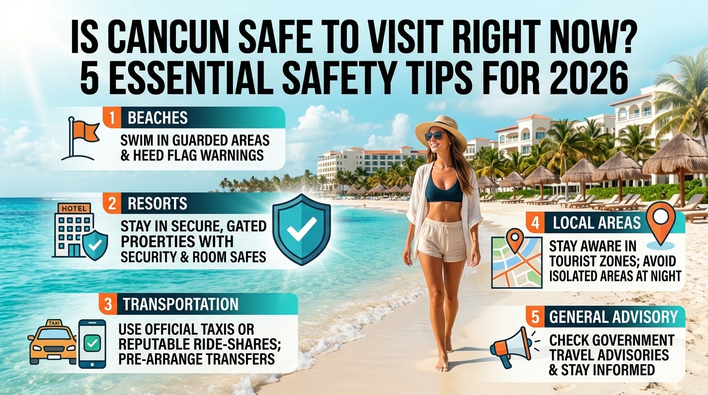 Cancun beach destination with safety tips overlay showing verified shield, travel advisory map, and safety icons for 2026 visitors planning Mexico vacations.