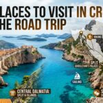 Scenic Croatian coastal landscape featuring turquoise waters, historic stone buildings, and mountain views with overlaid travel icons showing the best places to visit in Croatia for an unforgettable road trip experience.