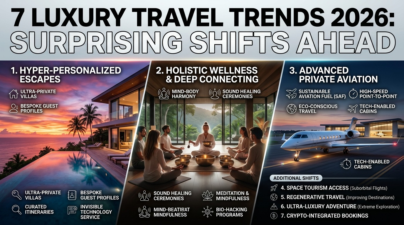 Luxury travel trends 2026 showing private villa, wellness retreat, and private jet travel