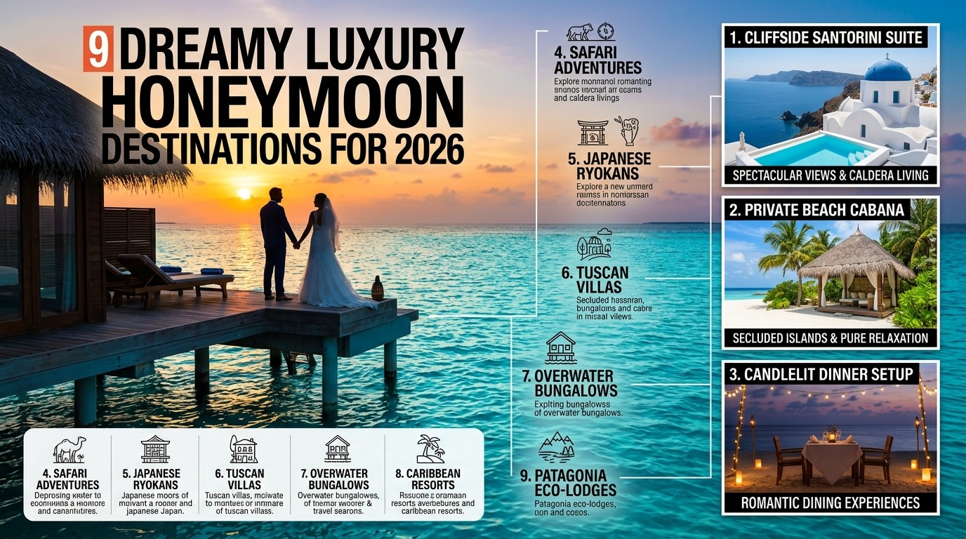 Luxury honeymoon destinations showcasing an overwater villa sunset, cliffside suite, and private beach for newlyweds