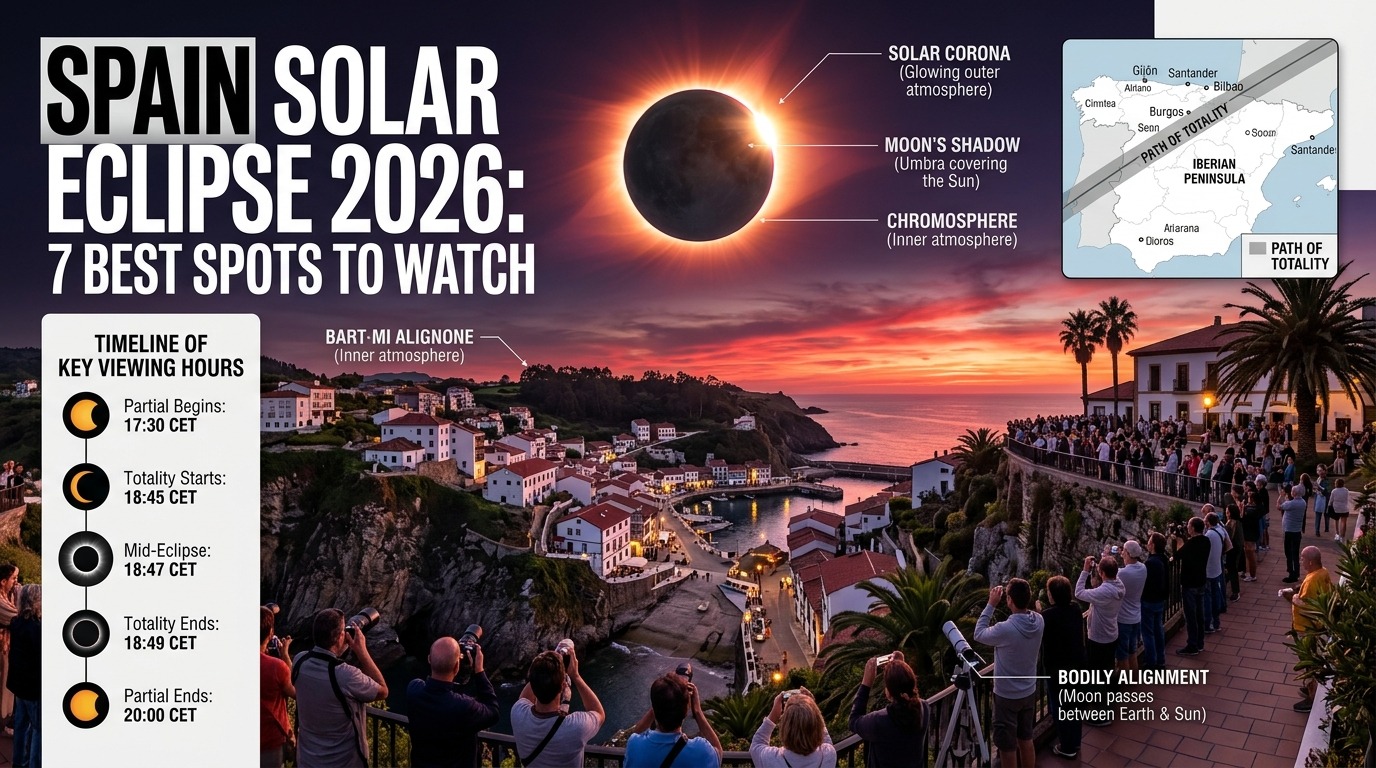 Spain solar eclipse 2026 path of totality shown over a coastal Spanish town at sunset
